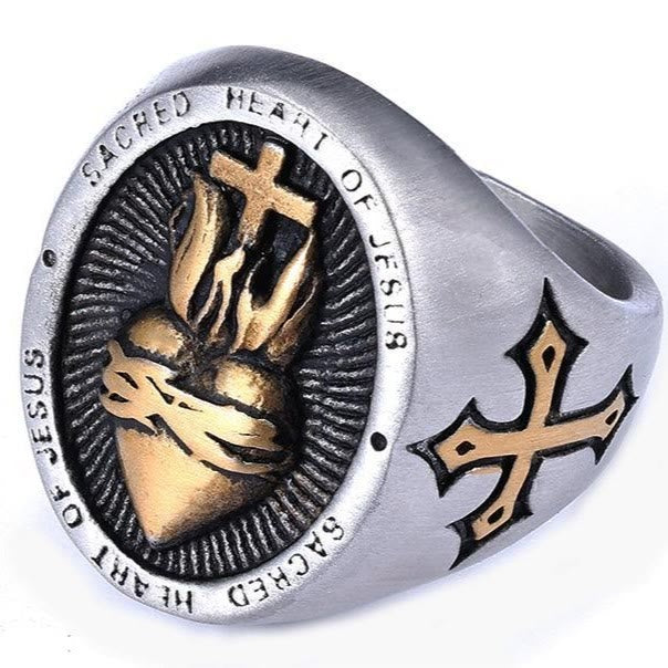 Christianartworkshop Ring mit dem Heiligen Herzen Jesu, Kreuz, Glaubens- und Geistessegen, 3 Farben