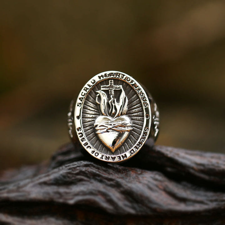 Christianartworkshop Ring mit dem Heiligen Herzen Jesu, Kreuz, Glaubens- und Geistessegen, 3 Farben