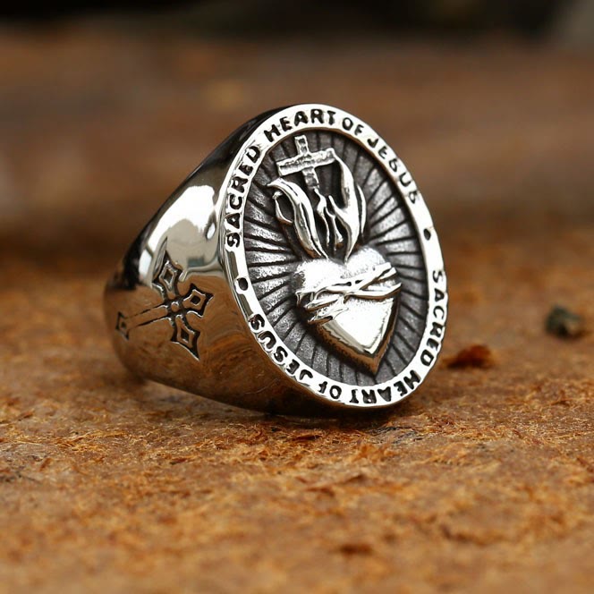 Christianartworkshop Ring mit dem Heiligen Herzen Jesu, Kreuz, Glaubens- und Geistessegen, 3 Farben
