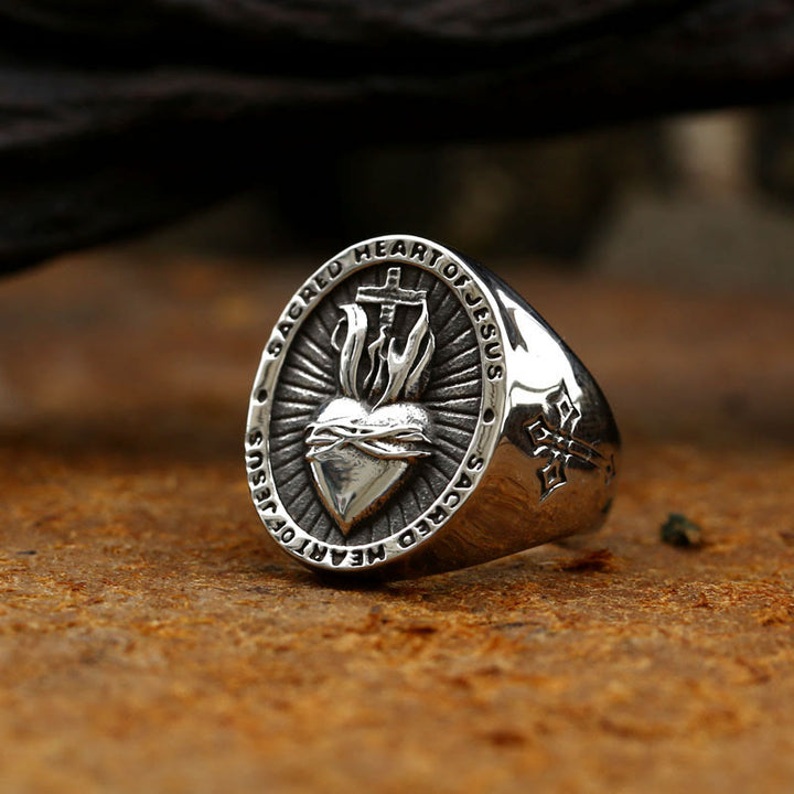 Christianartworkshop Ring mit dem Heiligen Herzen Jesu, Kreuz, Glaubens- und Geistessegen, 3 Farben
