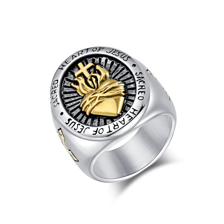 Christianartworkshop Ring mit dem Heiligen Herzen Jesu, Kreuz, Glaubens- und Geistessegen, 3 Farben