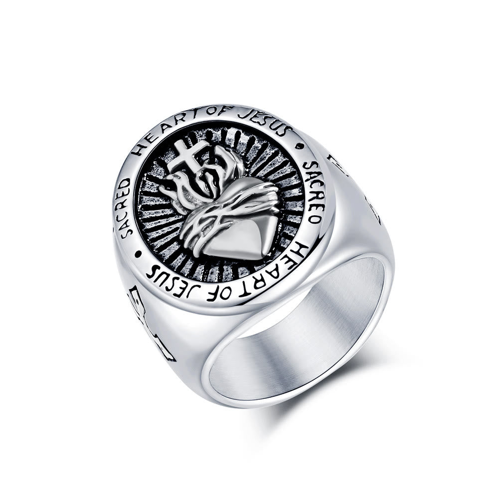 Christianartworkshop Ring mit dem Heiligen Herzen Jesu, Kreuz, Glaubens- und Geistessegen, 3 Farben