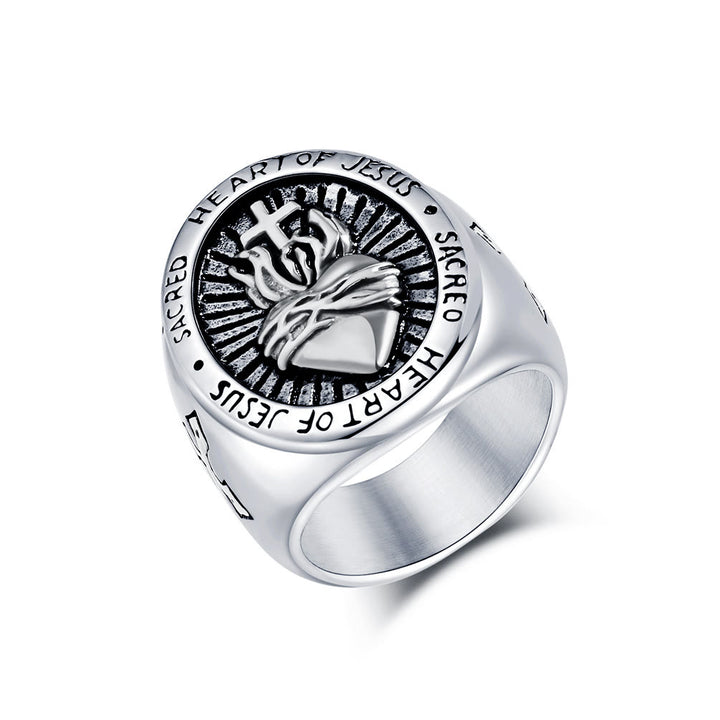 Christianartworkshop Ring mit dem Heiligen Herzen Jesu, Kreuz, Glaubens- und Geistessegen, 3 Farben