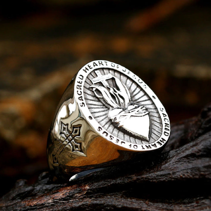 Christianartworkshop Ring mit dem Heiligen Herzen Jesu, Kreuz, Glaubens- und Geistessegen, 3 Farben