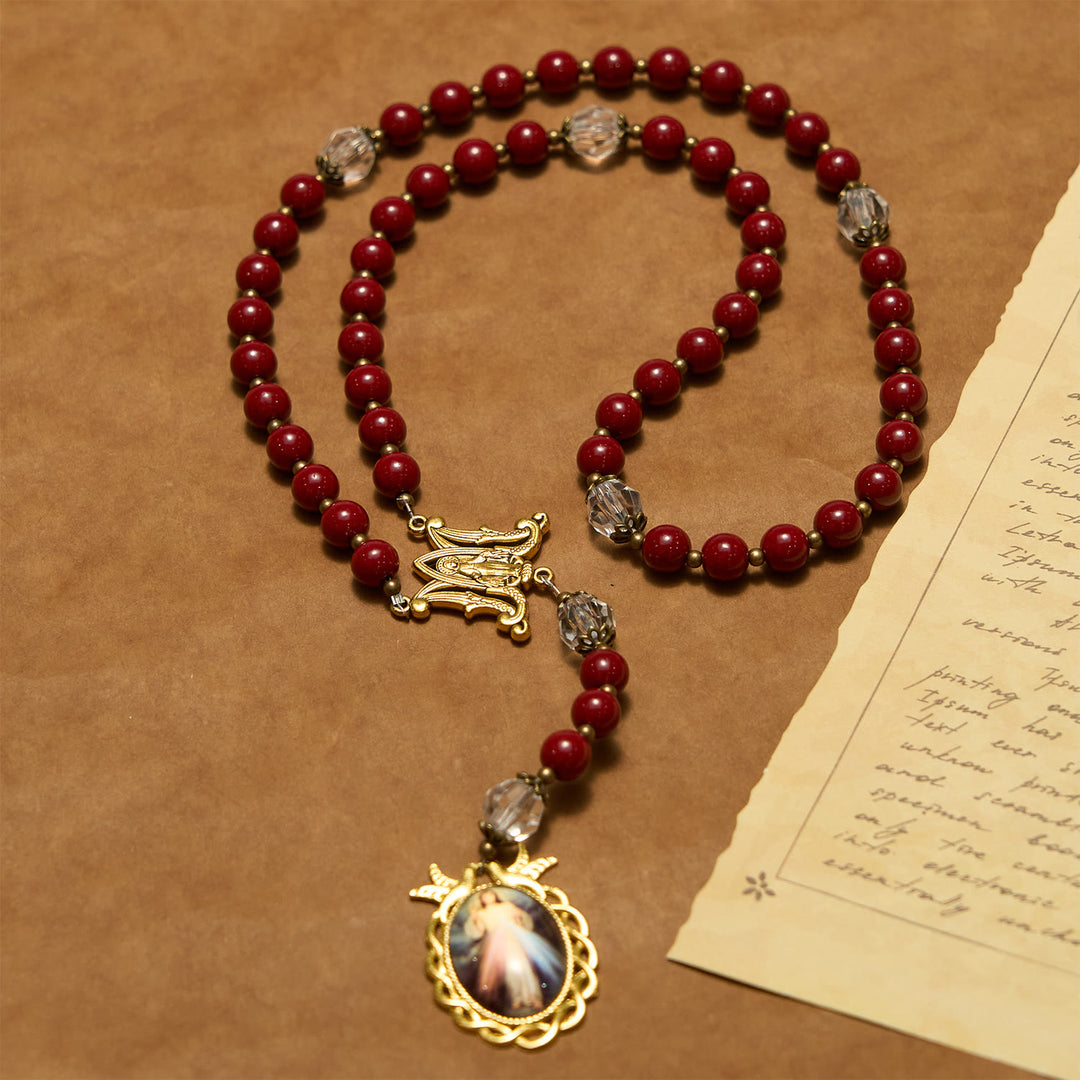 Christianartworkshop Handgefertigter Rosenkranz mit Zinnoberperlen und Jesus-Medaille – Ein göttliches Symbol der Hingabe des Glaubens