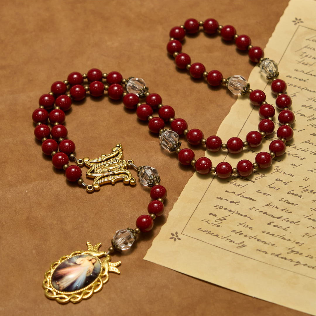 Christianartworkshop Handgefertigter Rosenkranz mit Zinnoberperlen und Jesus-Medaille – Ein göttliches Symbol der Hingabe des Glaubens