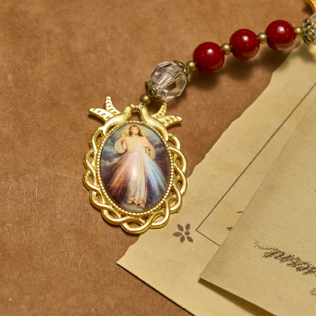 Christianartworkshop Handgefertigter Rosenkranz mit Zinnoberperlen und Jesus-Medaille – Ein göttliches Symbol der Hingabe des Glaubens