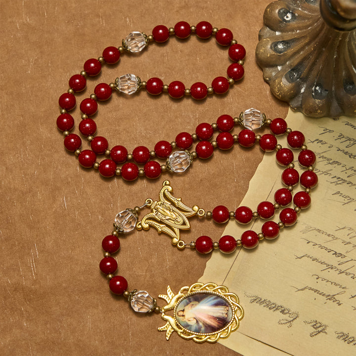 Christianartworkshop Handgefertigter Rosenkranz mit Zinnoberperlen und Jesus-Medaille – Ein göttliches Symbol der Hingabe des Glaubens