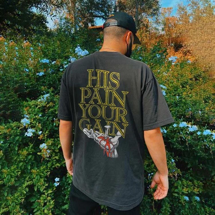 Christianartworkshop T-Shirt mit Aufschrift „His Pain Your Gai“
