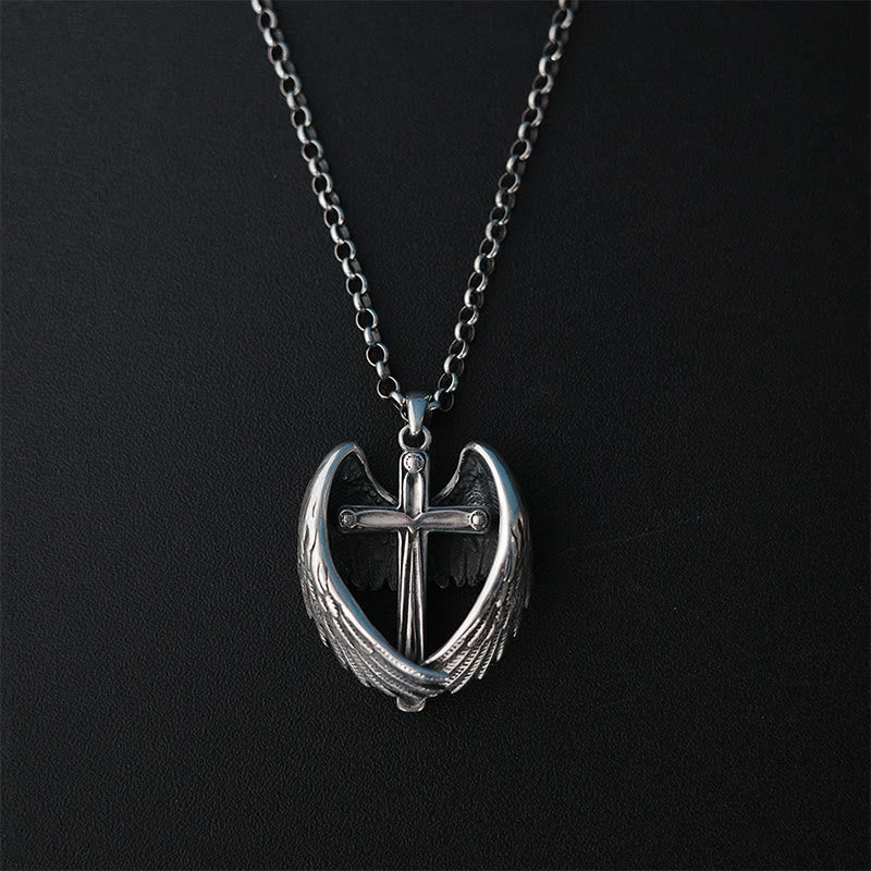 Christianartworkshop Halskette mit Kreuz und Engelsflügeln aus 925er Sterlingsilber: Verkörperung von Glauben und himmlischer Gnade - 925er Sterlingsilber - image 1