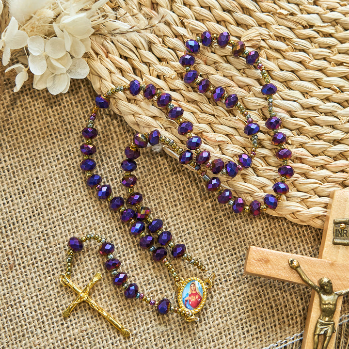 Christianartworkshop Rosenkranz mit Medaille und Kruzifix Unserer Lieben Frau aus 8 mm violetten Glas- und Kristallperlen