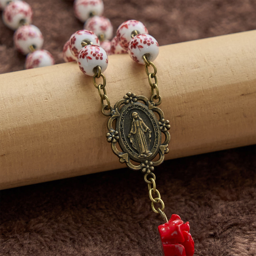 Christianartworkshop Wundertätige Medaille und Kruzifix aus 8 mm Keramikperlen und rosa Zinnoberperlen, handgefertigter Rosenkranz