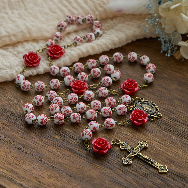 Christianartworkshop Wundertätige Medaille und Kruzifix aus 8 mm Keramikperlen und rosa Zinnoberperlen, handgefertigter Rosenkranz