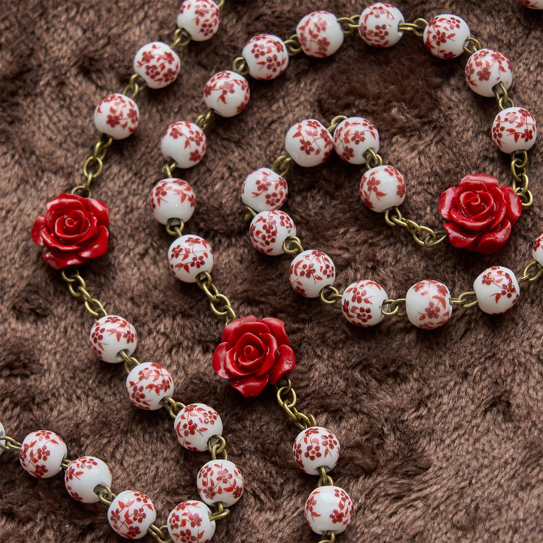 Christianartworkshop Wundertätige Medaille und Kruzifix aus 8 mm Keramikperlen und rosa Zinnoberperlen, handgefertigter Rosenkranz