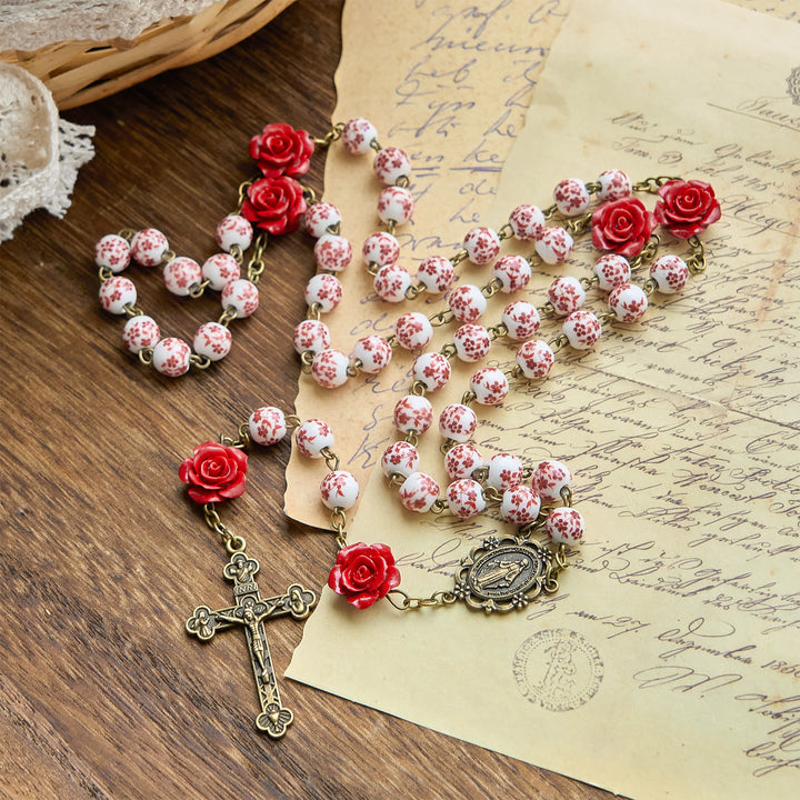 Christianartworkshop Wundertätige Medaille und Kruzifix aus 8 mm Keramikperlen und rosa Zinnoberperlen, handgefertigter Rosenkranz