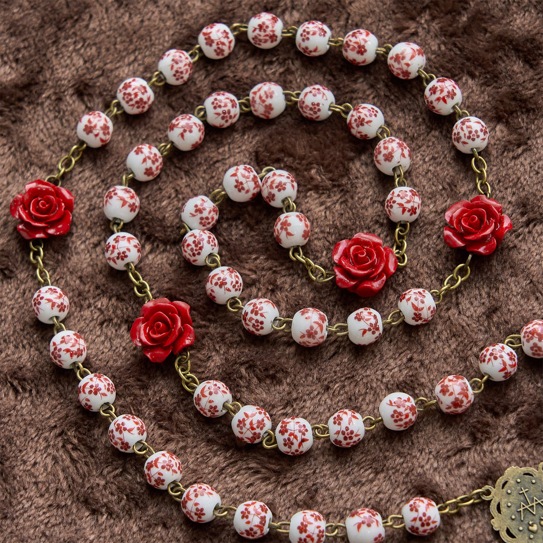 Christianartworkshop Wundertätige Medaille und Kruzifix aus 8 mm Keramikperlen und rosa Zinnoberperlen, handgefertigter Rosenkranz