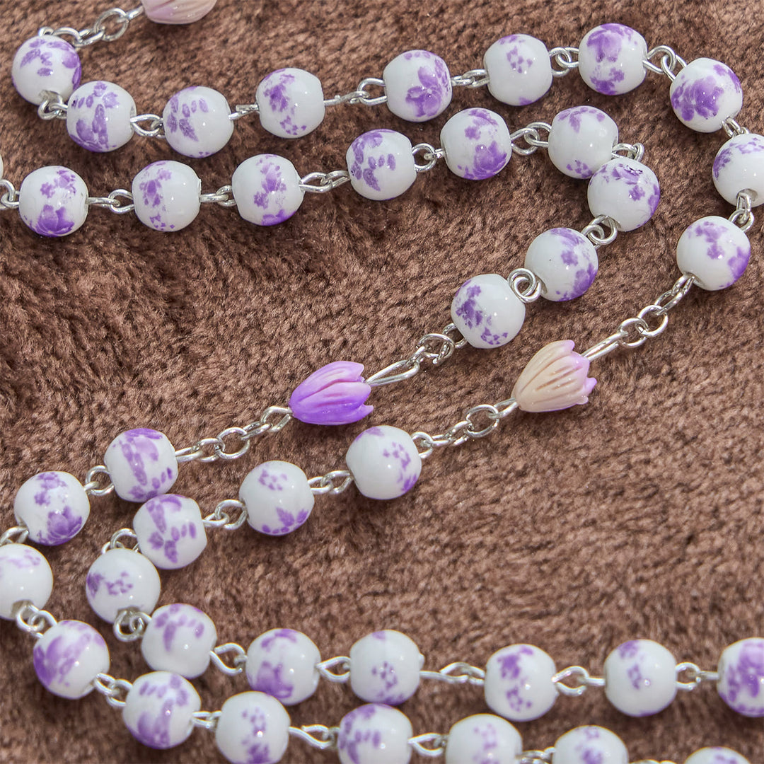 Christianartworkshop GEBETSVOLLER GLAUBE: Handgefertigter Rosenkranz aus lila Blumenperlen mit Geschenkkarte - image 8