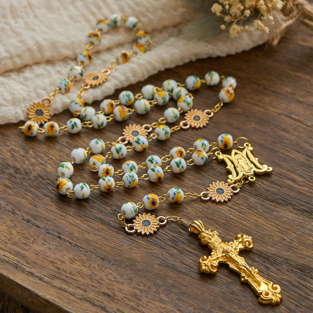 Christianartworkshop Jesus ist das Geschenk: Handgefertigter Rosenkranz mit gelben Blumen im Sonnenblumen-Stil und Geschenkkarte - image 11