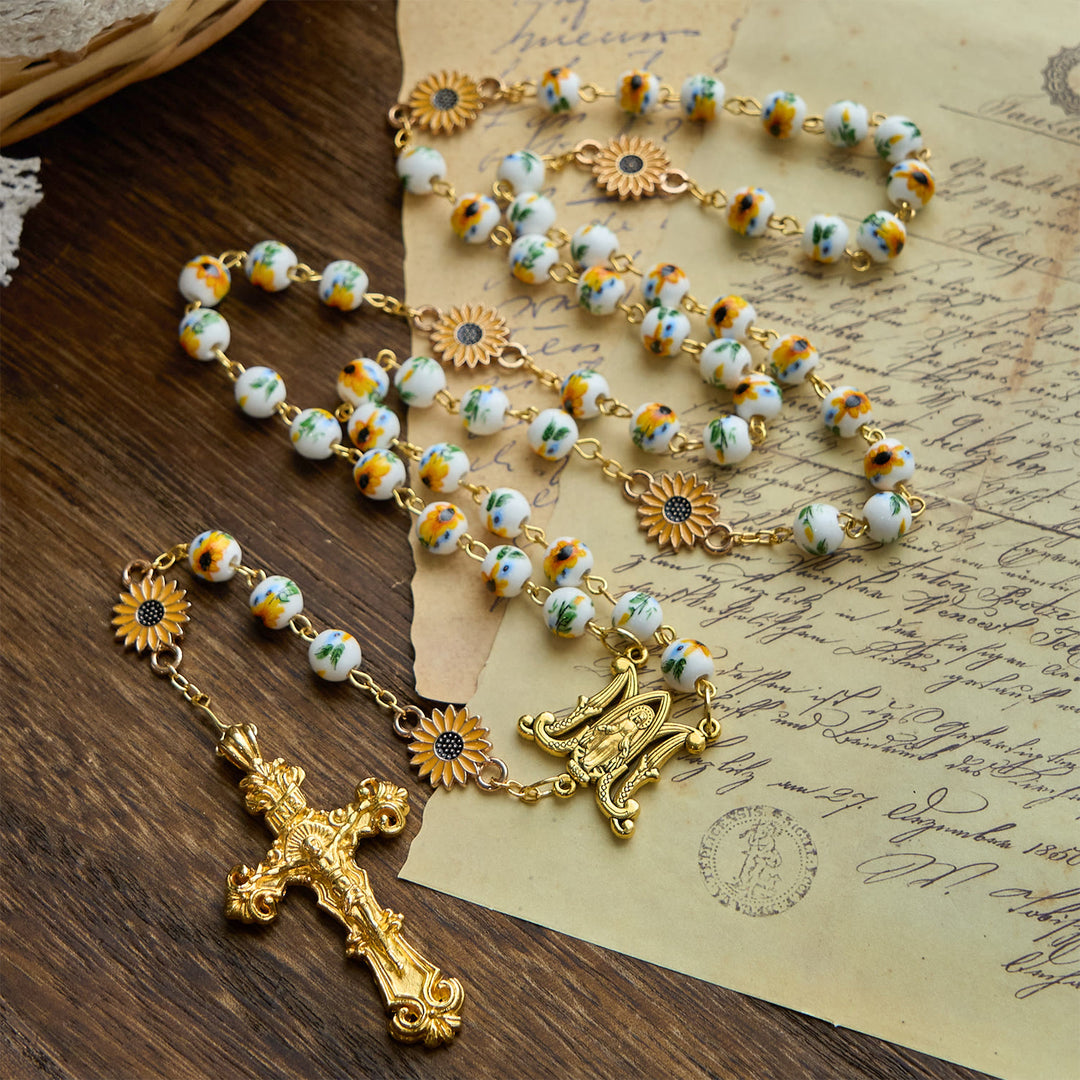 Christianartworkshop Jesus ist das Geschenk: Handgefertigter Rosenkranz mit gelben Blumen im Sonnenblumen-Stil und Geschenkkarte - image 7