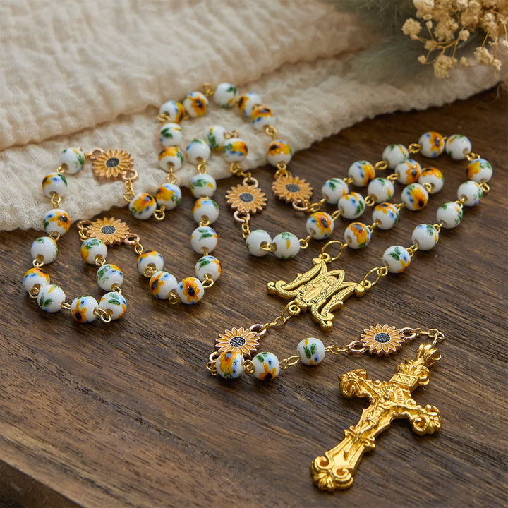 Christianartworkshop Jesus ist das Geschenk: Handgefertigter Rosenkranz mit gelben Blumen im Sonnenblumen-Stil und Geschenkkarte - image 6