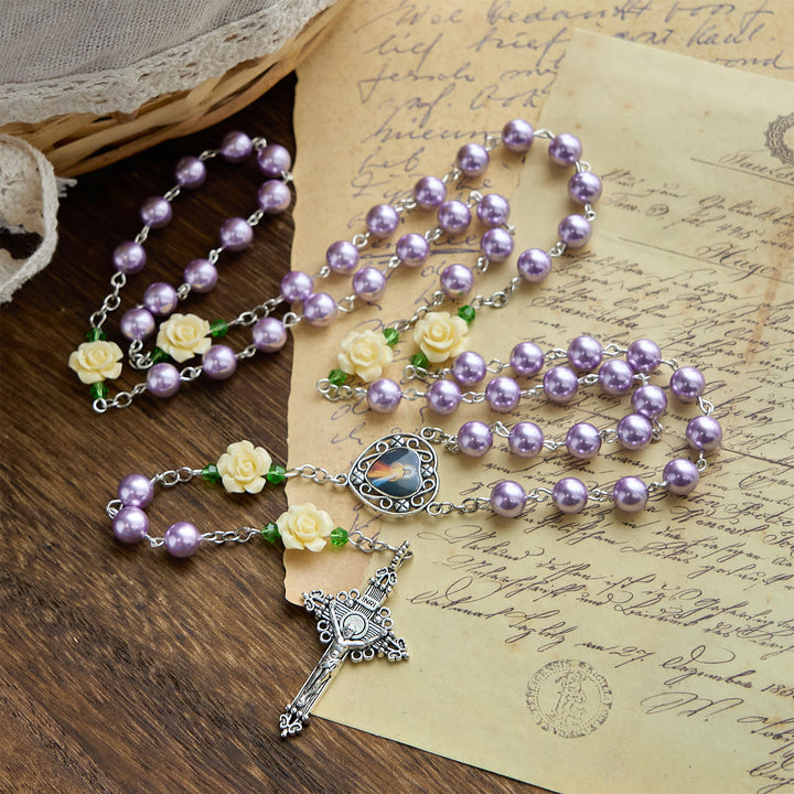 Christianartworkshop Handgefertigter Rosenkranz zur Barmherzigkeit Gottes mit violetten Perlen und Blumen: Ein unverzichtbares Geschenk für Gläubige