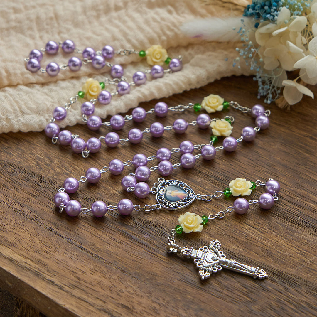 Christianartworkshop Handgefertigter Rosenkranz zur Barmherzigkeit Gottes mit violetten Perlen und Blumen: Ein unverzichtbares Geschenk für Gläubige