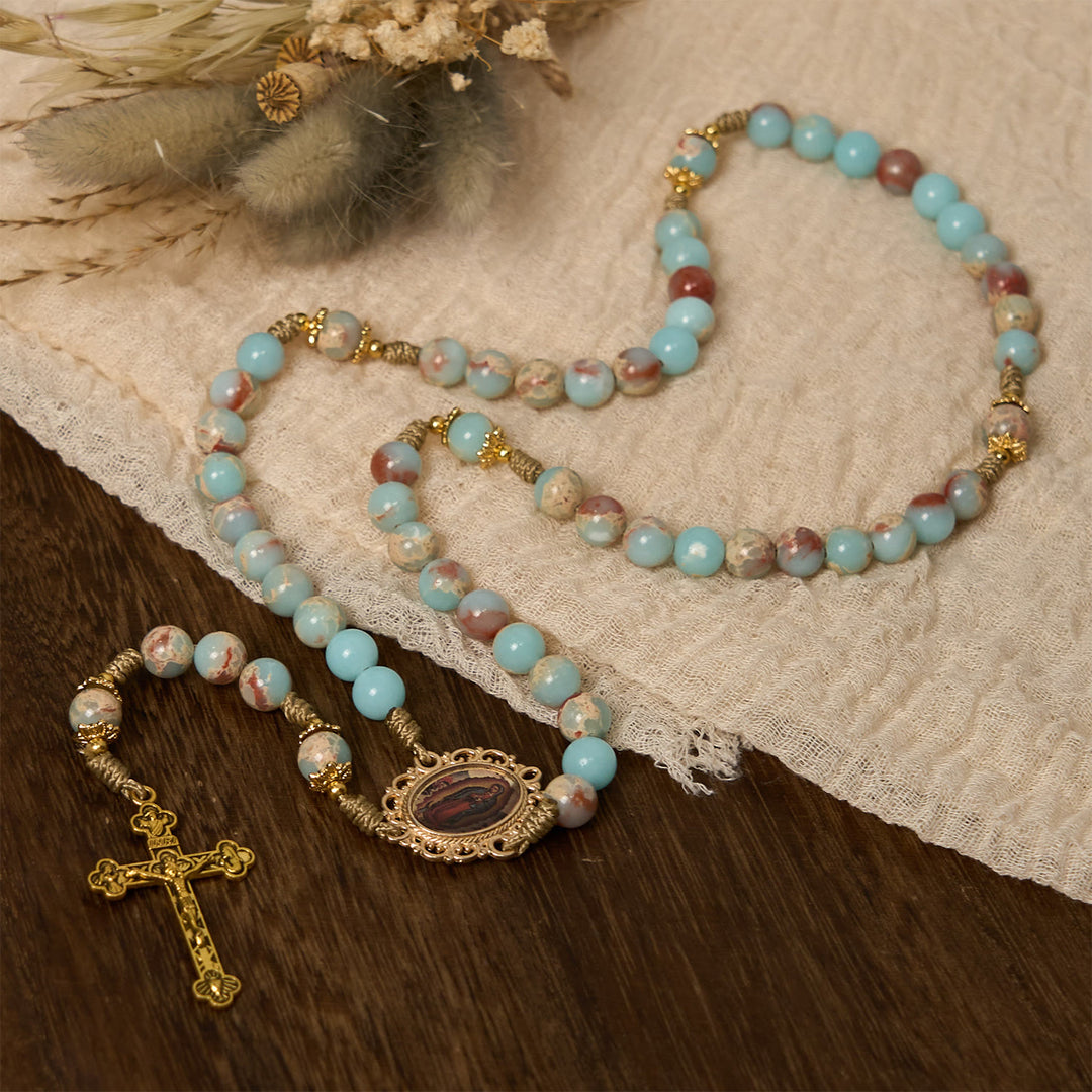 Christianartworkshop Aqua Stone Gebetsrosenkranz mit goldenen Akzenten: Eine göttliche Quelle des Friedens und der Hingabe