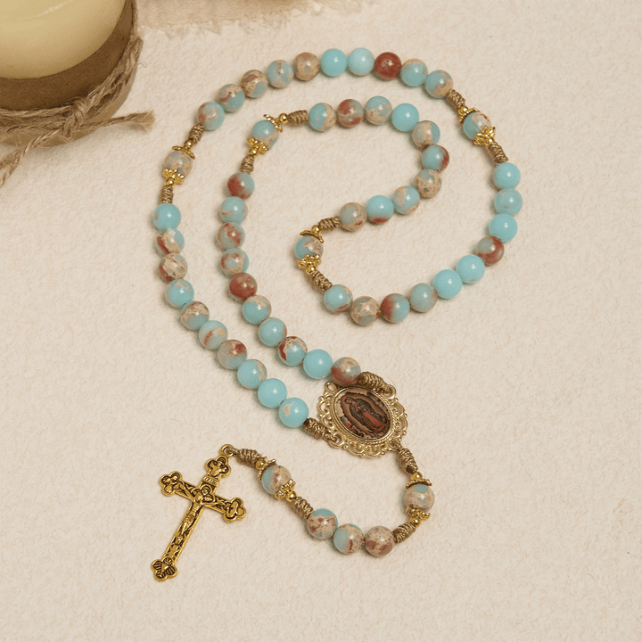 Christianartworkshop Aqua Stone Gebetsrosenkranz mit goldenen Akzenten: Eine göttliche Quelle des Friedens und der Hingabe