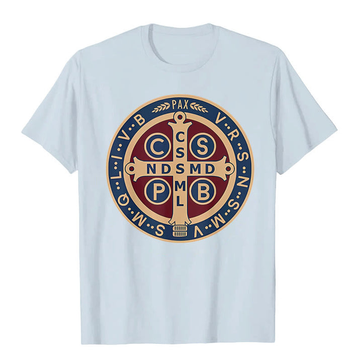 Christianartworkshop Klassisches farbiges T-Shirt mit St. Benedict-Schutzsymbol, kurzärmelig, gewaschen - Blau - 3XL - image 10