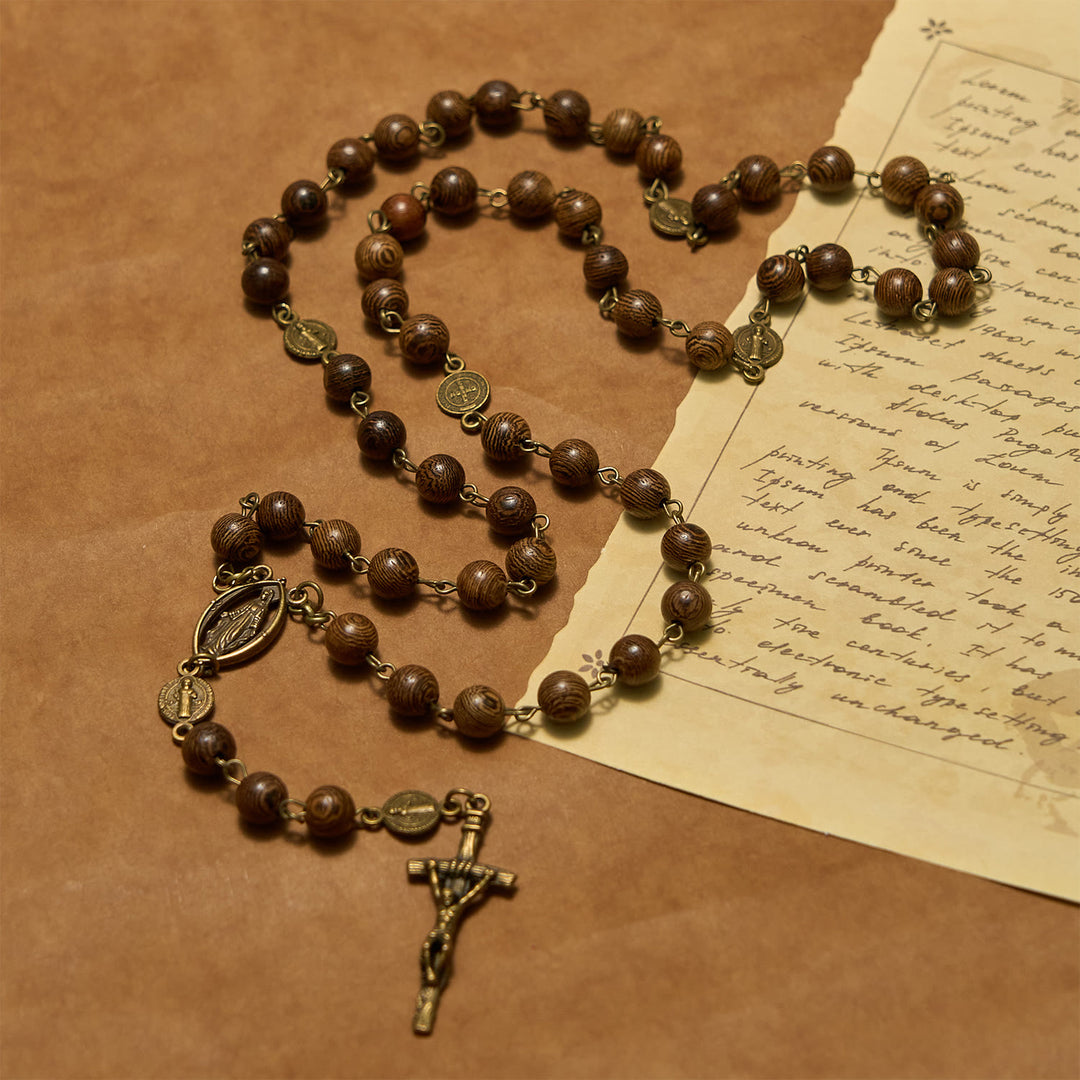 Christianartworkshop Wundertätige Medaille und Kruzifix, St. Benedikt-Medaille, 8 mm, Rosenkranz aus Holzperlen