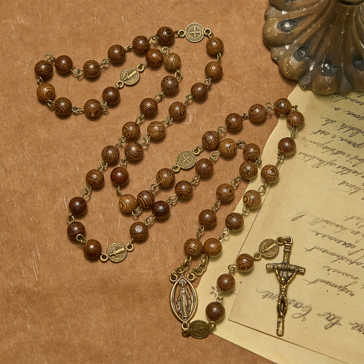 Christianartworkshop Wundertätige Medaille und Kruzifix, St. Benedikt-Medaille, 8 mm, Rosenkranz aus Holzperlen