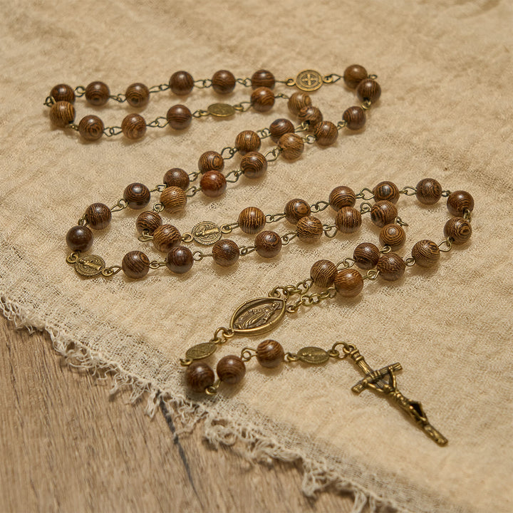 Christianartworkshop Wundertätige Medaille und Kruzifix, St. Benedikt-Medaille, 8 mm, Rosenkranz aus Holzperlen