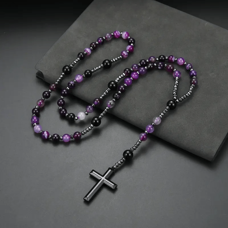 Christianartworkshop Rosenkranzkreuz aus Naturstein, 8 mm, violetter Achat - image 3