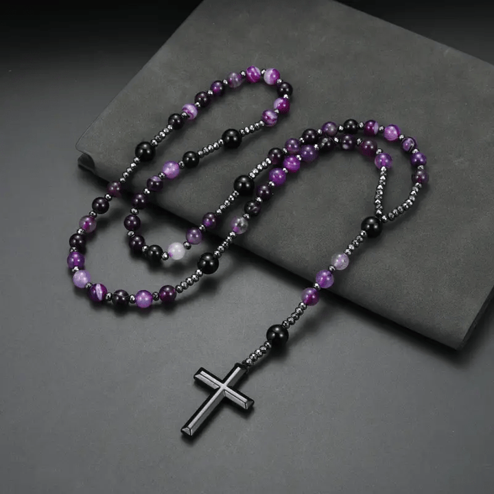 Christianartworkshop Rosenkranzkreuz aus Naturstein, 8 mm, violetter Achat - image 3