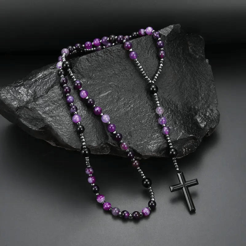 Christianartworkshop Rosenkranzkreuz aus Naturstein, 8 mm, violetter Achat - Lila Achat - image 1