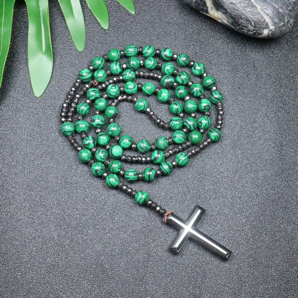 Christianartworkshop Rosenkranz mit Malachitperlen, Eisen-Gallenstein-Kreuz, 8 mm - Malachitperlen - image 1