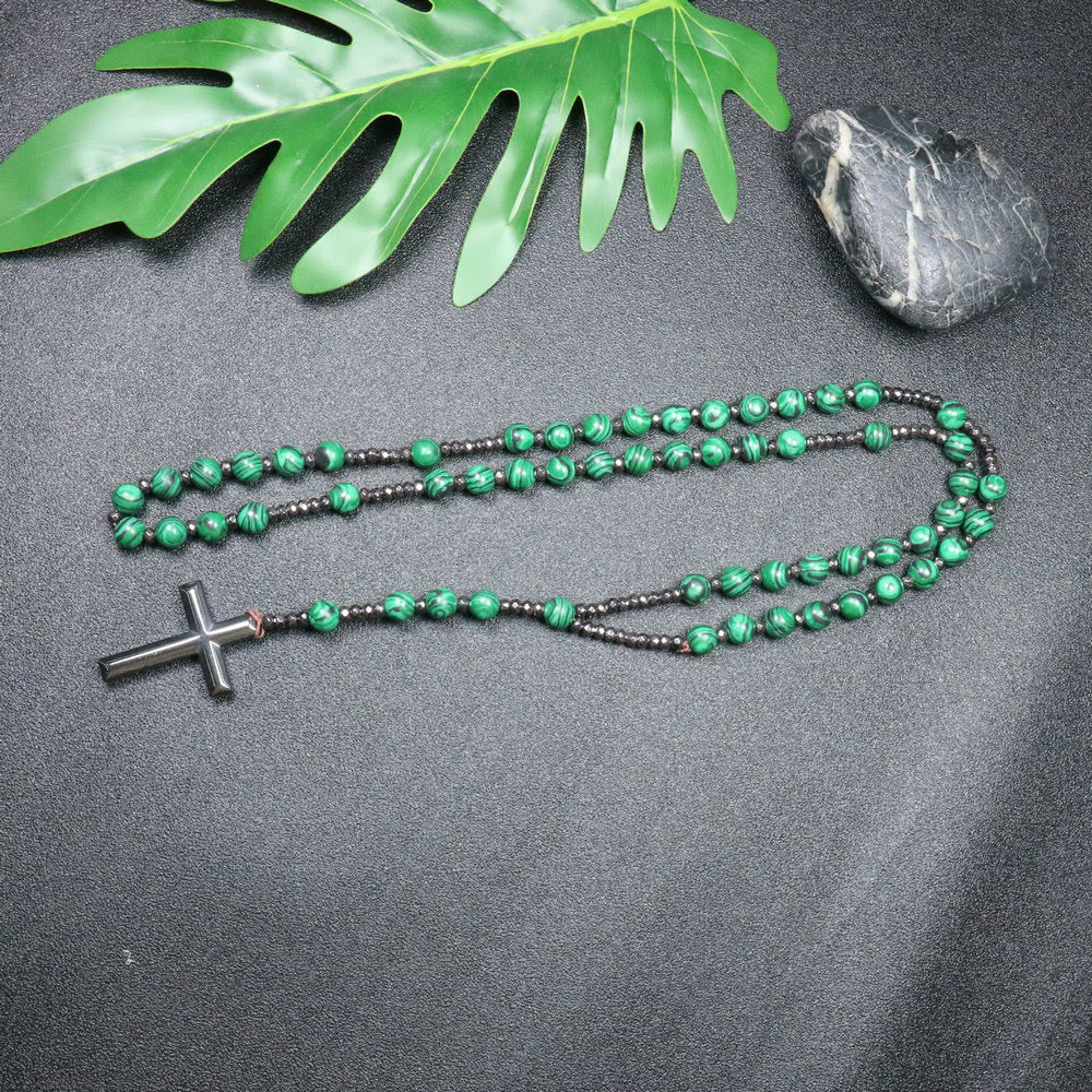 Christianartworkshop Rosenkranz mit Malachitperlen, Eisen-Gallenstein-Kreuz, 8 mm - image 2