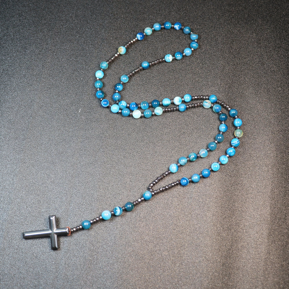 Christianartworkshop Rosenkranz-Kreuz aus Naturstein mit gestreiftem blauem Achat, 8 mm - image 3