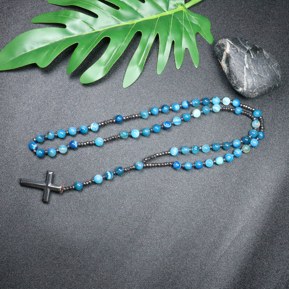 Christianartworkshop Rosenkranz-Kreuz aus Naturstein mit gestreiftem blauem Achat, 8 mm - image 2