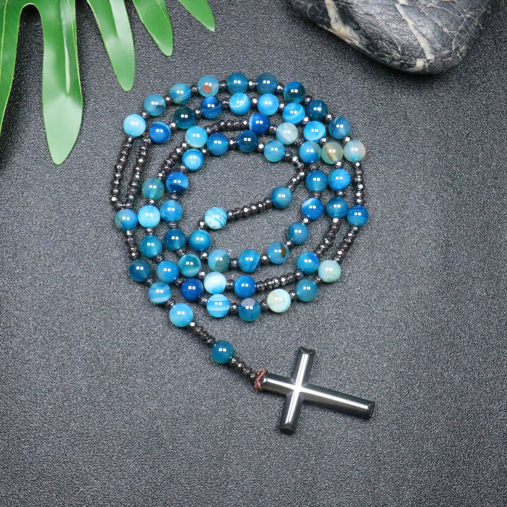 Christianartworkshop Rosenkranz-Kreuz aus Naturstein mit gestreiftem blauem Achat, 8 mm - Gestreifter blauer Achat - image 0