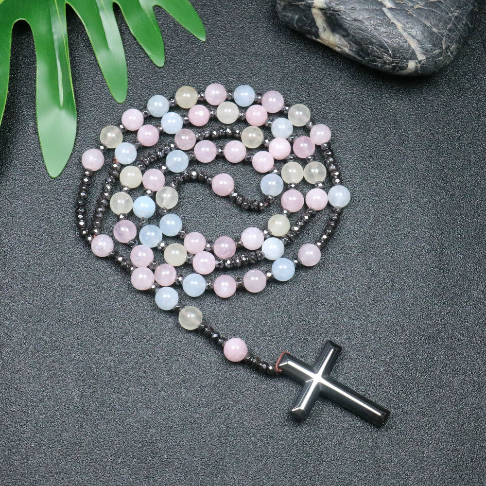 Christianartworkshop Rosenkranz mit Morganit-Perlen, Eisen-Gallenstein-Kreuz, 8 mm - Morganitperlen - image 1