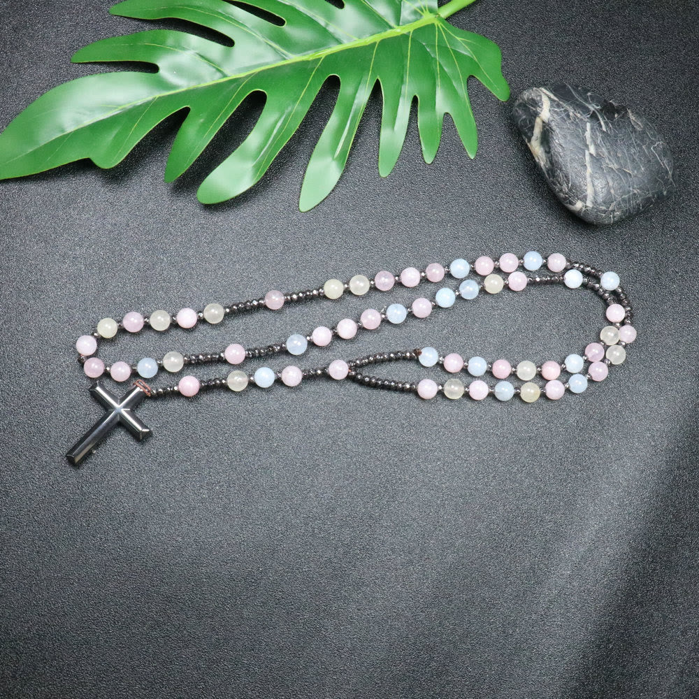Christianartworkshop Rosenkranz mit Morganit-Perlen, Eisen-Gallenstein-Kreuz, 8 mm - image 2
