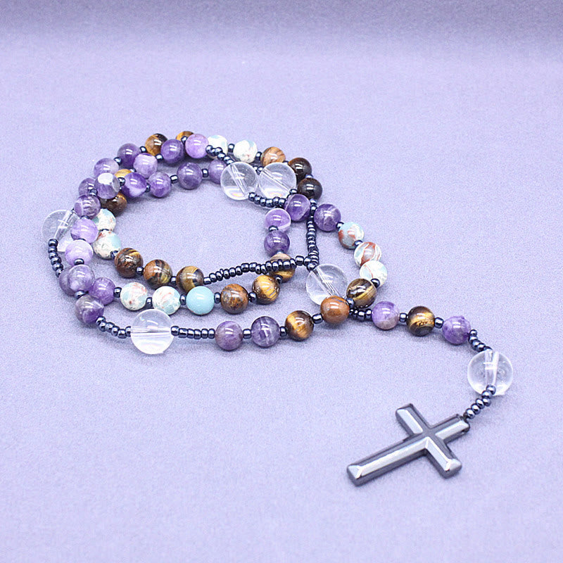 Christianartworkshop Rosenkranz-Kreuz aus natürlichem Amethyst, Tigerauge, Achat, 8 mm - image 1