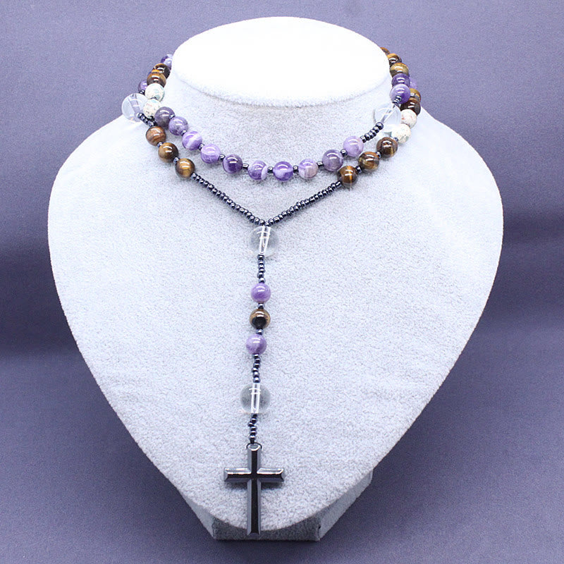 Christianartworkshop Rosenkranz-Kreuz aus natürlichem Amethyst, Tigerauge, Achat, 8 mm - image 3