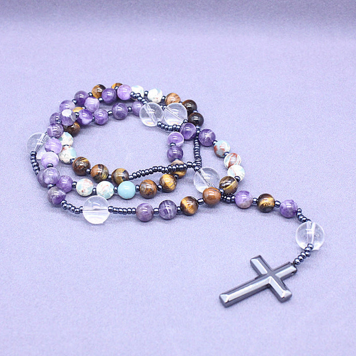 Christianartworkshop Rosenkranz-Kreuz aus natürlichem Amethyst, Tigerauge, Achat, 8 mm - image 2