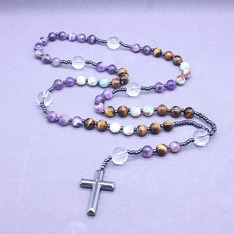 Christianartworkshop Rosenkranz-Kreuz aus natürlichem Amethyst, Tigerauge, Achat, 8 mm - 8 mm - image 1