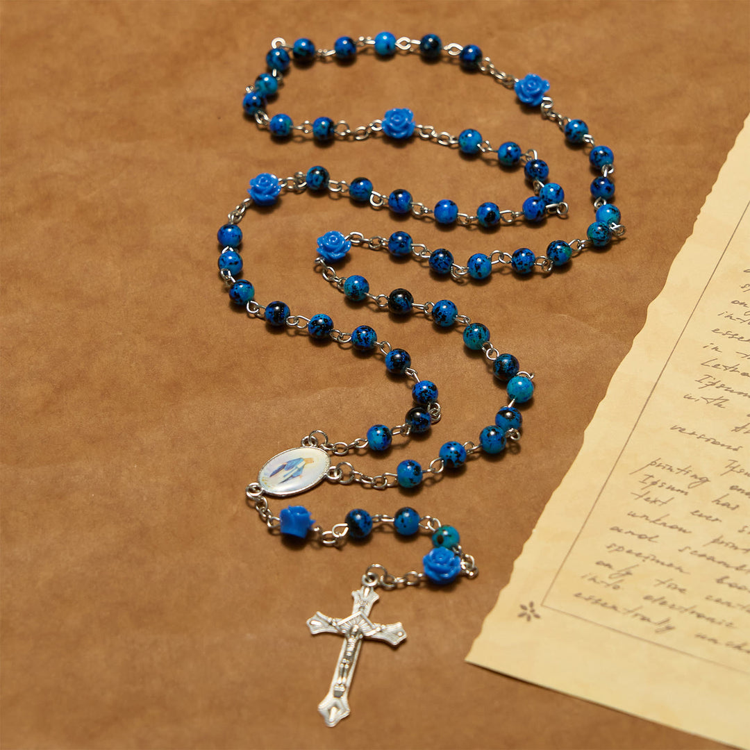 Christianartworkshop Rosenkranz mit königsblauen Steinperlen und der wundertätigen Medaille und Kruzifix