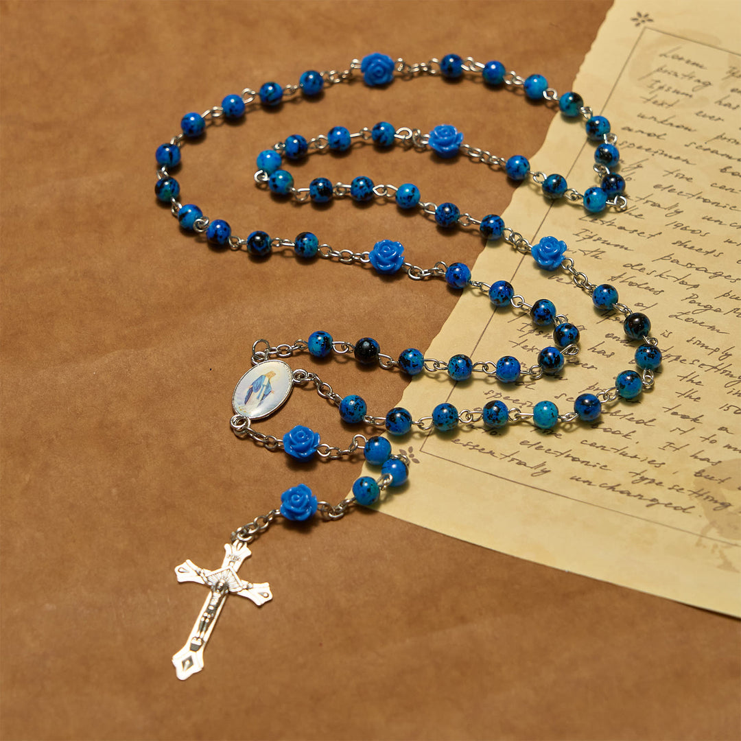 Christianartworkshop Rosenkranz mit königsblauen Steinperlen und der wundertätigen Medaille und Kruzifix