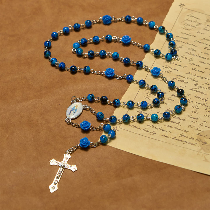Christianartworkshop Rosenkranz mit königsblauen Steinperlen und der wundertätigen Medaille und Kruzifix