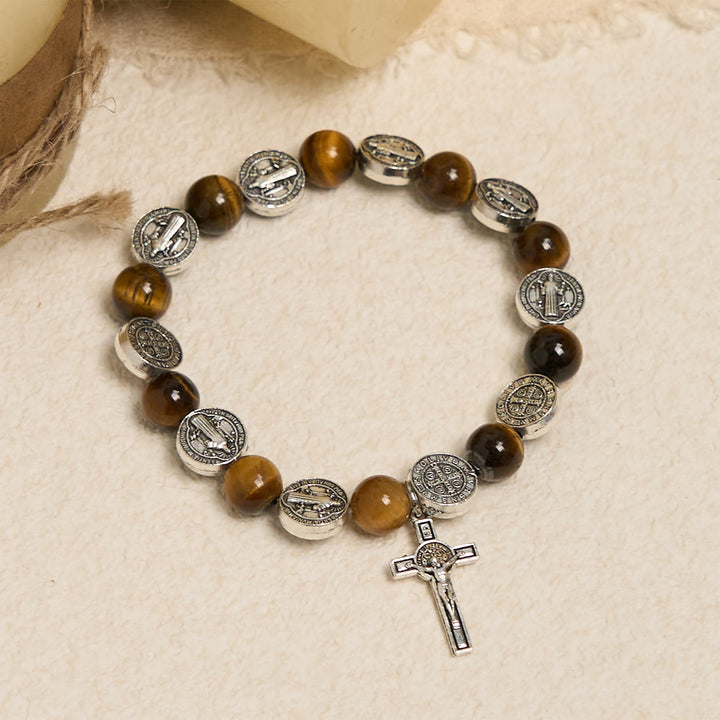 Christianartworkshop St. Benedict Symbol Tigerauge Armband: Eine Mischung aus Glauben und Schönheit